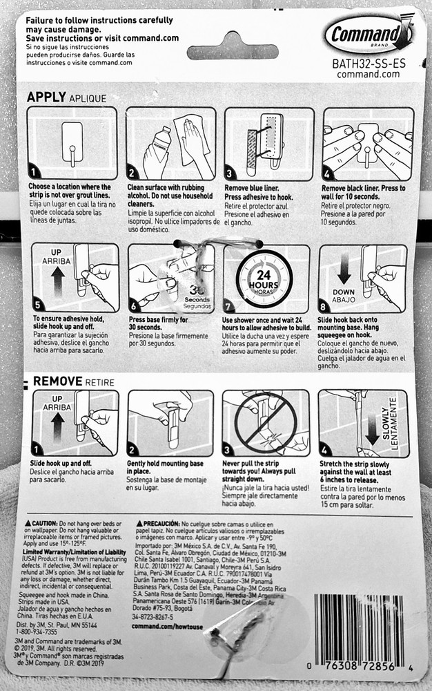 3M BATH32-SS-ES Command Shower Squeegee Hook Nickel Caddy Damage-Free Hanging