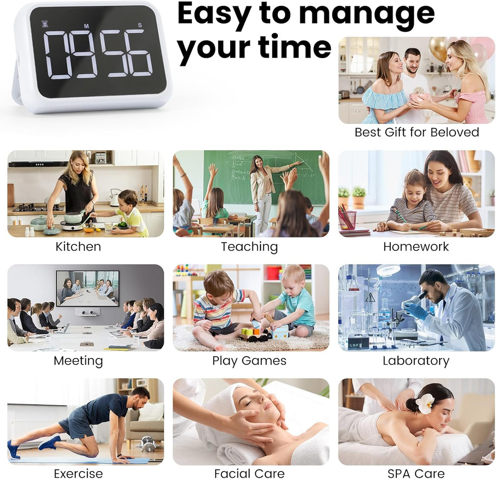 USB Rechargeable Loud Digital Kitchen Timer with Large LCD Display & Adjustable