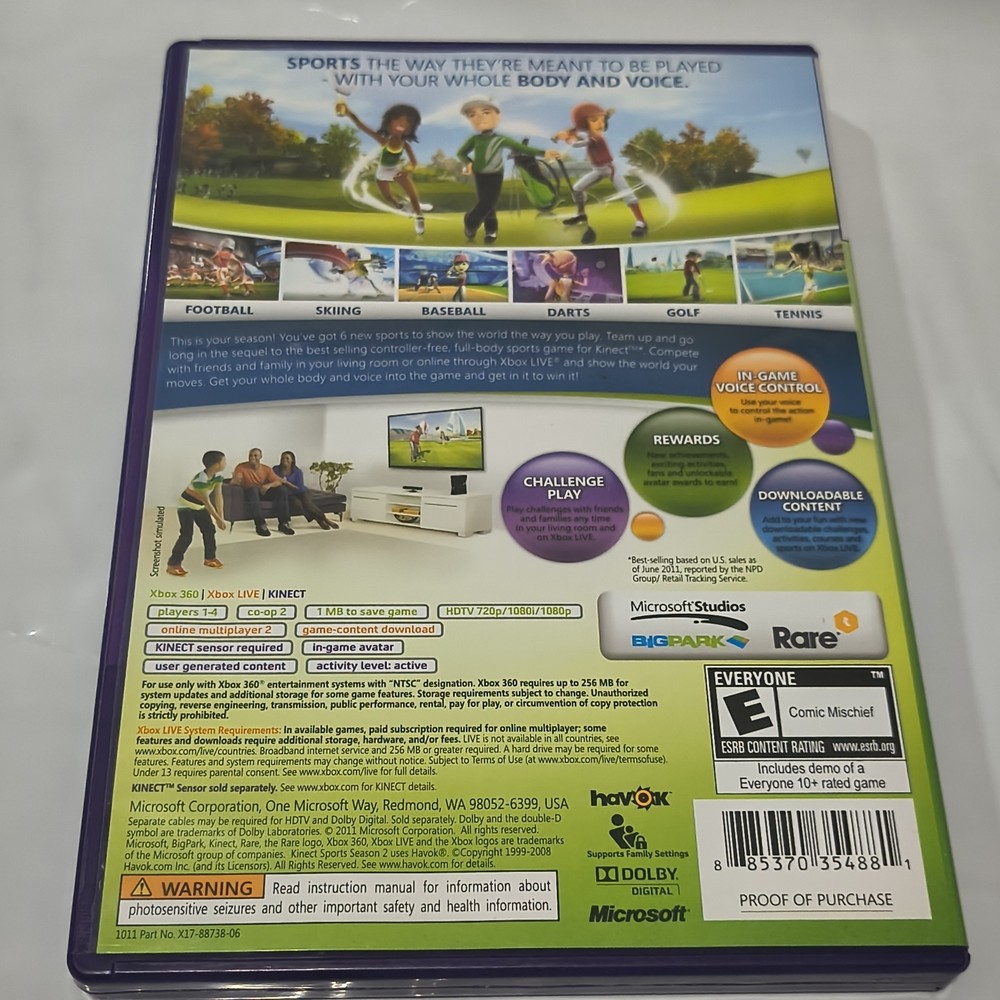 Xbox 360 Kinect Sensor Bar + 2 Games Bundle-Kinect Sports 1 & 2-Tested