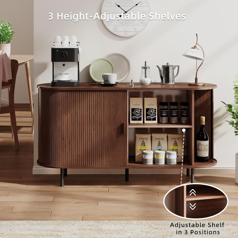 Modern 55" Walnut Buffet Sideboard with Sliding Door & Adjustable Shelf