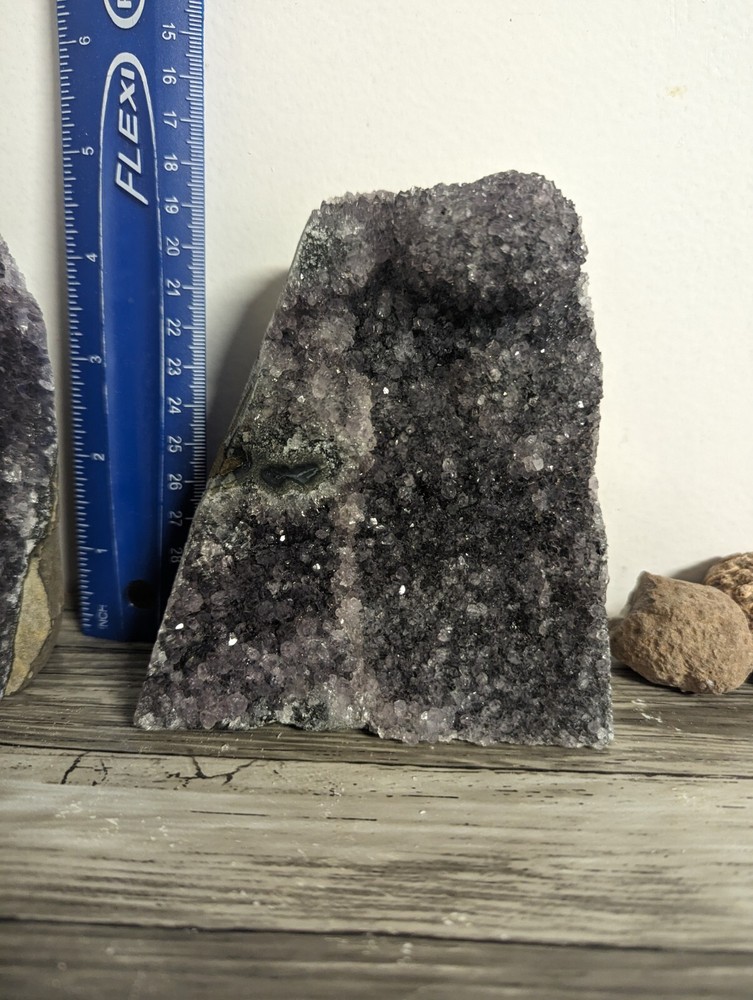 2 Amethyst standing cut base crystals geodes plus 3 oco geodes. 5 pounds lbs