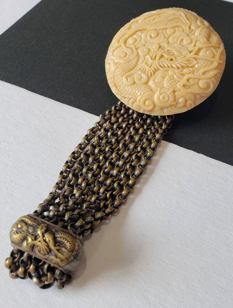 Super Detailed Front & Back Celluloid Dragon Netsuke Button Complete with Chains