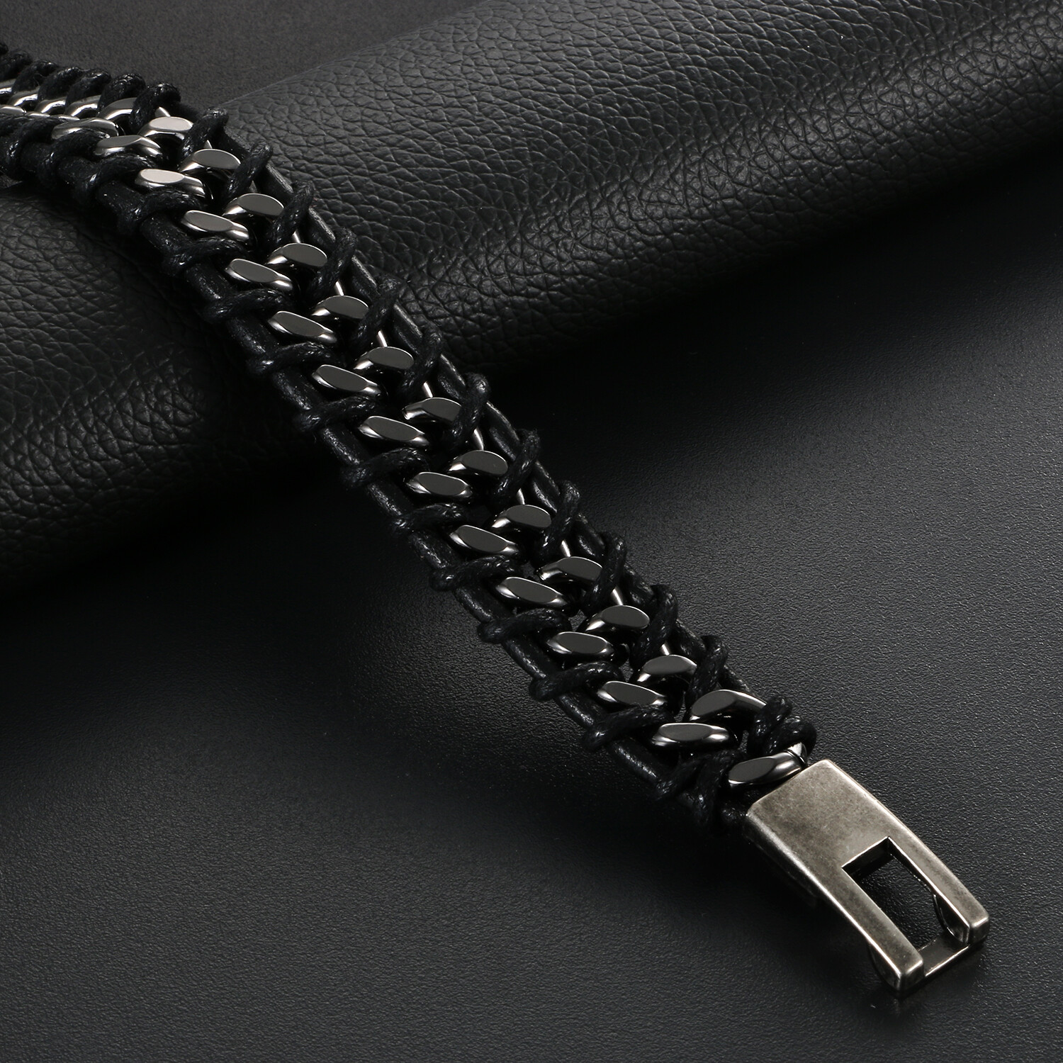 Black Braided Leather Silver Stainless Steel Cuban Chain Men's Bracelet Bangle