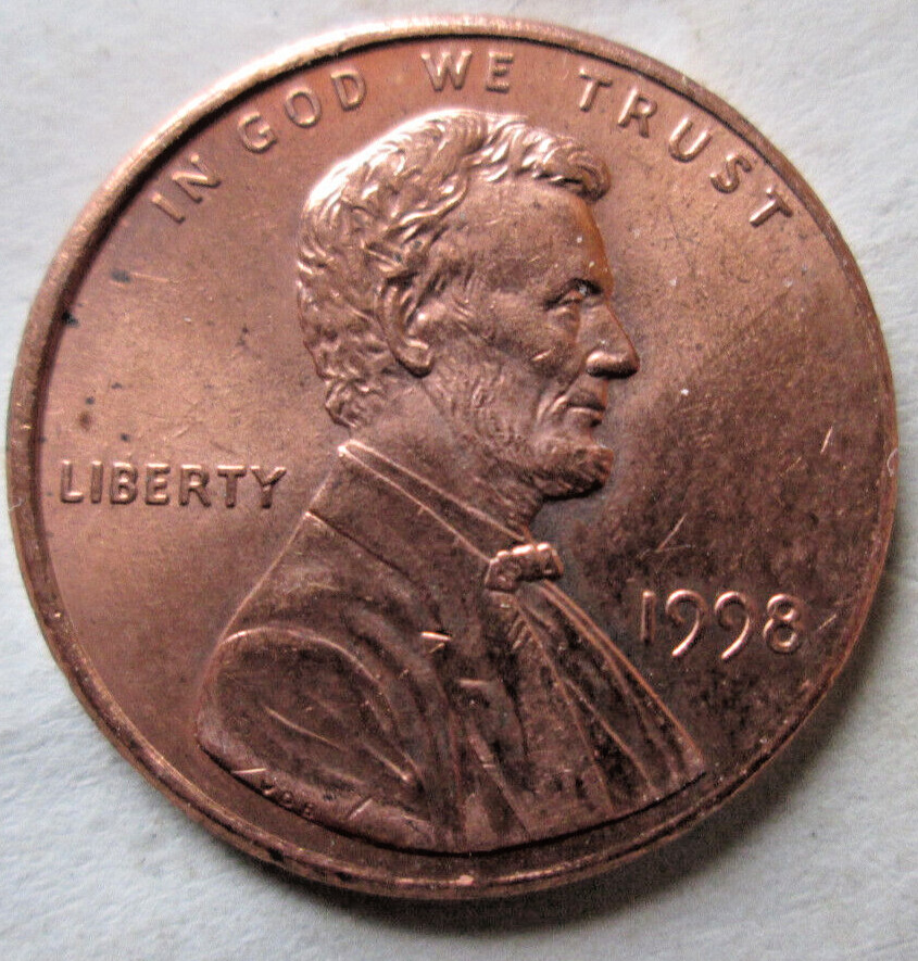 1998-P MEMORIAL CENT, REVERSE DIE CRACK ERROR, RED COLOR, MS++, CIRCULATED
