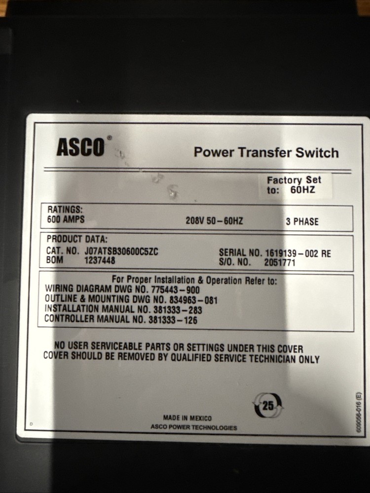 ASCO 7000 Series Automatic Transfer Switch 600 Amp Controller J07ATSB30600C5ZC