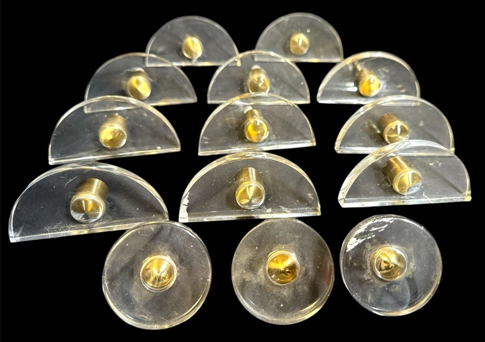 Set of 14 Vintage Circle & Half Circle Lucite & Brass Drawer Pulls Knobs