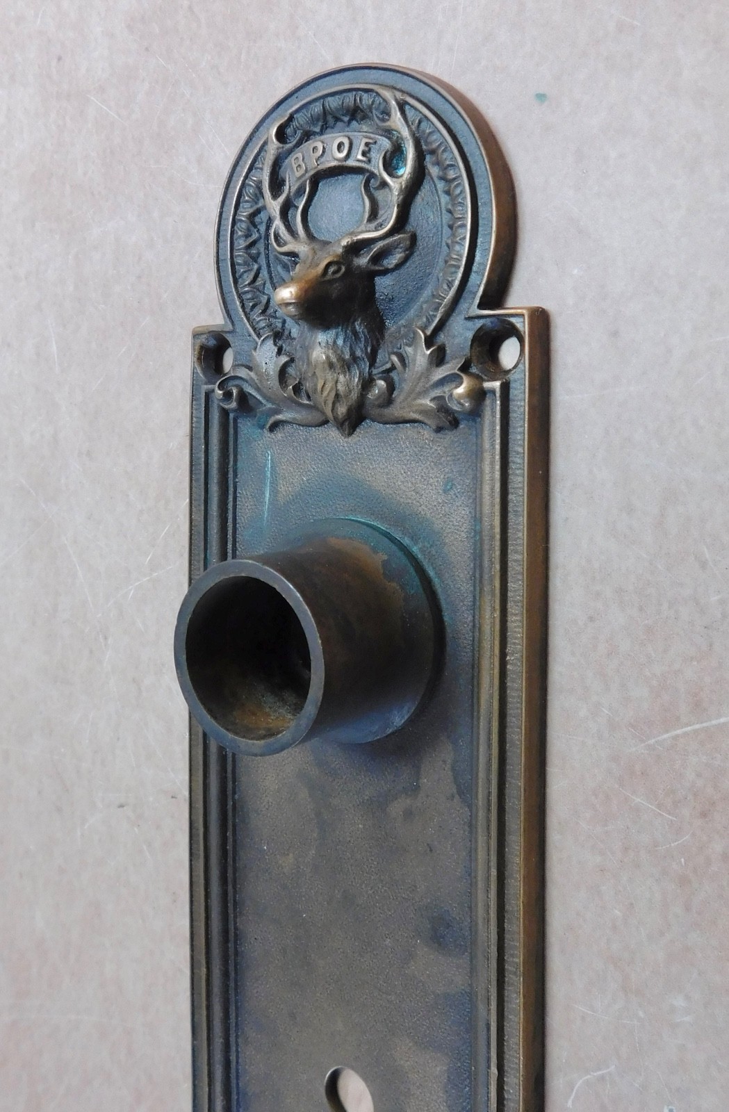 Antique BPOE Elk door back plate cast brass bronze emblematic escutcheon