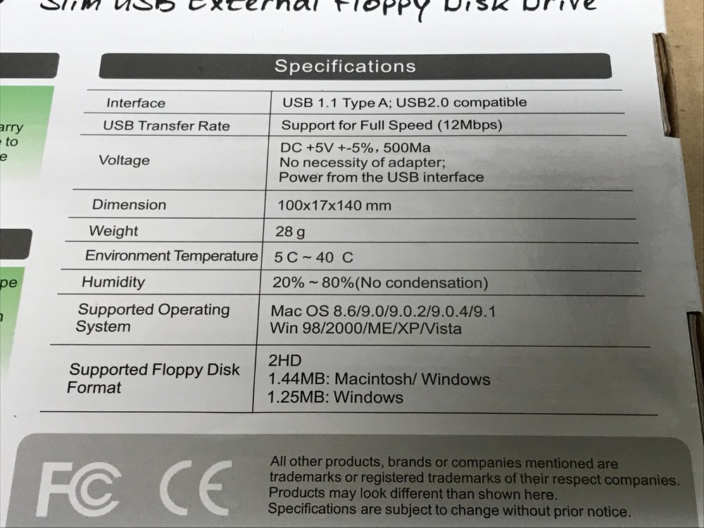 BYTECC BT-144 Slim USB 12Mbps Wired Portable External Floppy Disk Drive - New