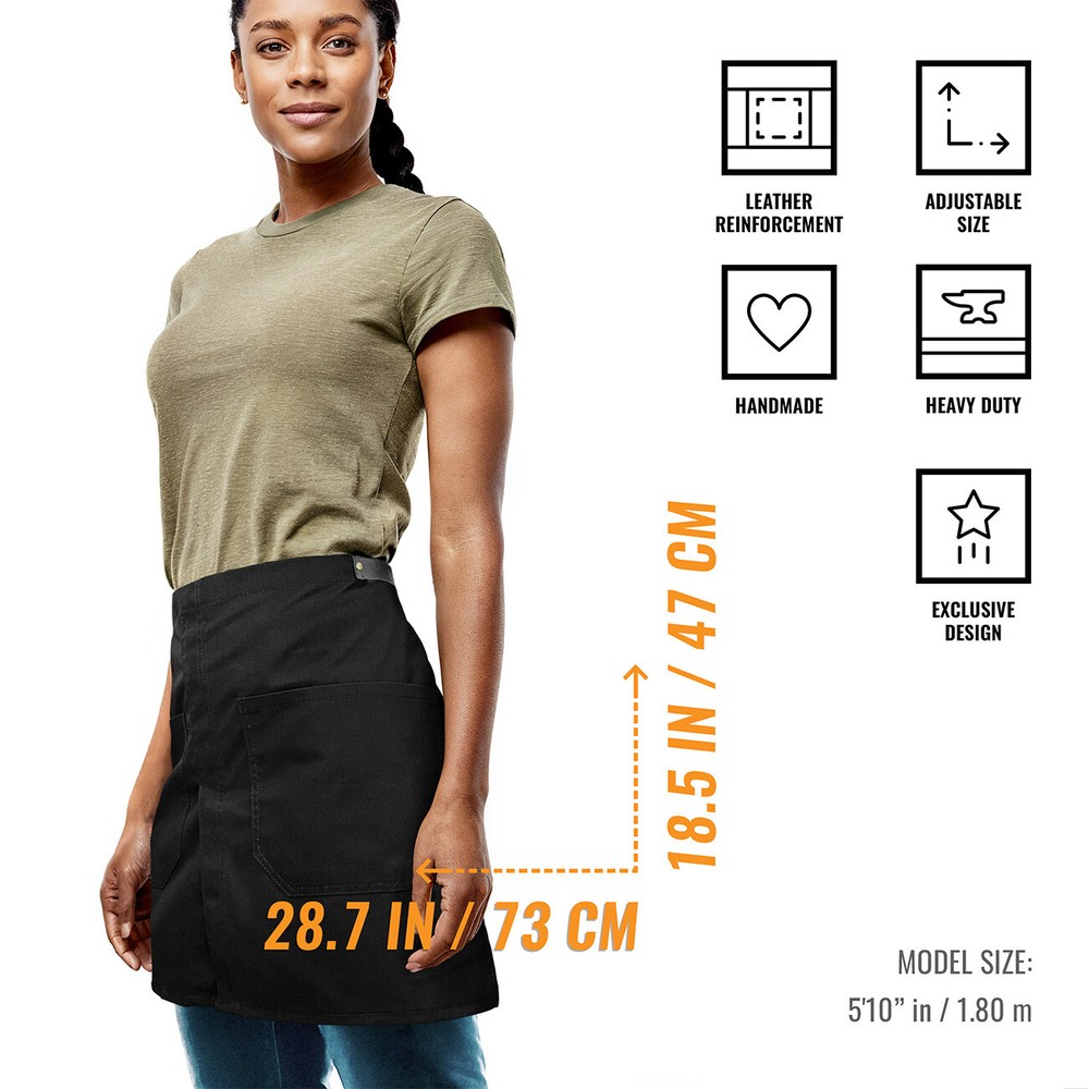 Half Apron - Genuine Leather Straps & Loops - Split-Leg - Restaurant, Waitstaff