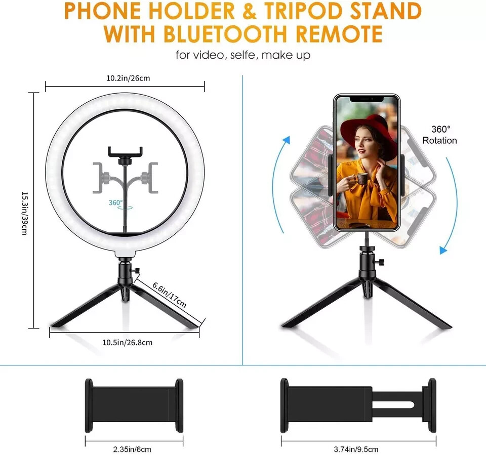 10.2" Ring Light with Stand & Phone Holder and Remote Control, Dimmable LED Ring