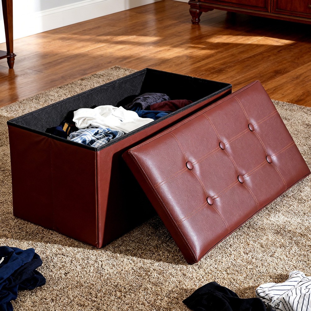 Brown Sturdy Ottomans Foot Bench Foldable Storage Footstools Spacious Organizer