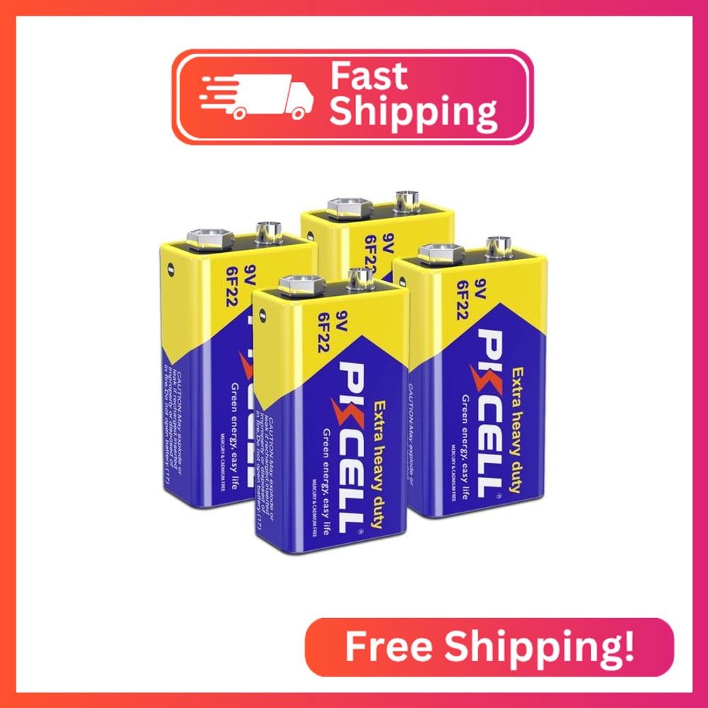 PKCELL 9V Batteries, 4 Pack 9 Volt Batteries Carbon Zinc, 9V Battery for Smoke D