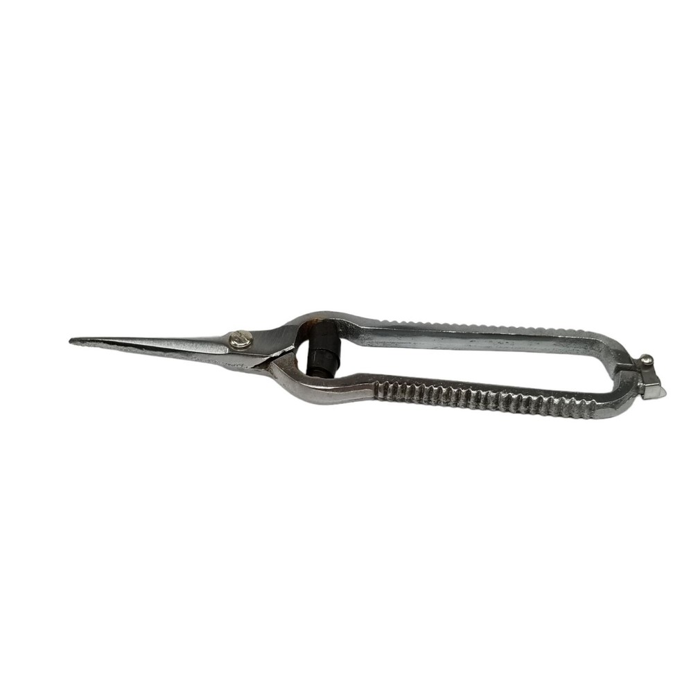 Vintage Solid Metal Scissors Silver Tone Spring Locking Shears 7"