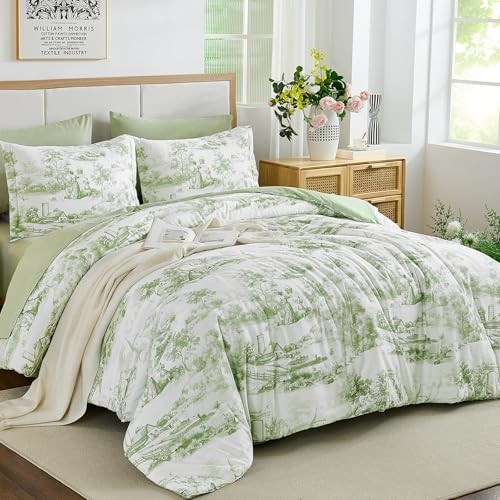 Sage Comforter Set 7 Pieces Botanical Comforters with Sheets, King Green