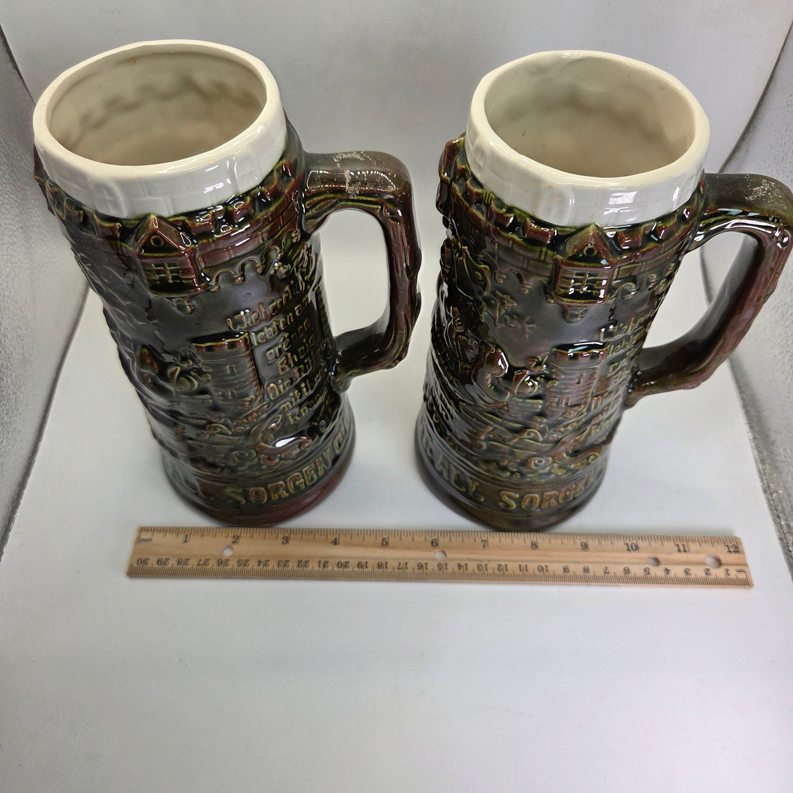 Vintage German Style Beer Steins Pair Signed “Sam :)” 8.5” Brown Glaze