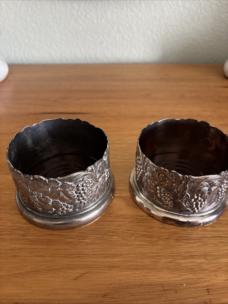 Pair Of Vintage Grape Vines Wine Bottle Holder Coasters Wood Silver Plate/color