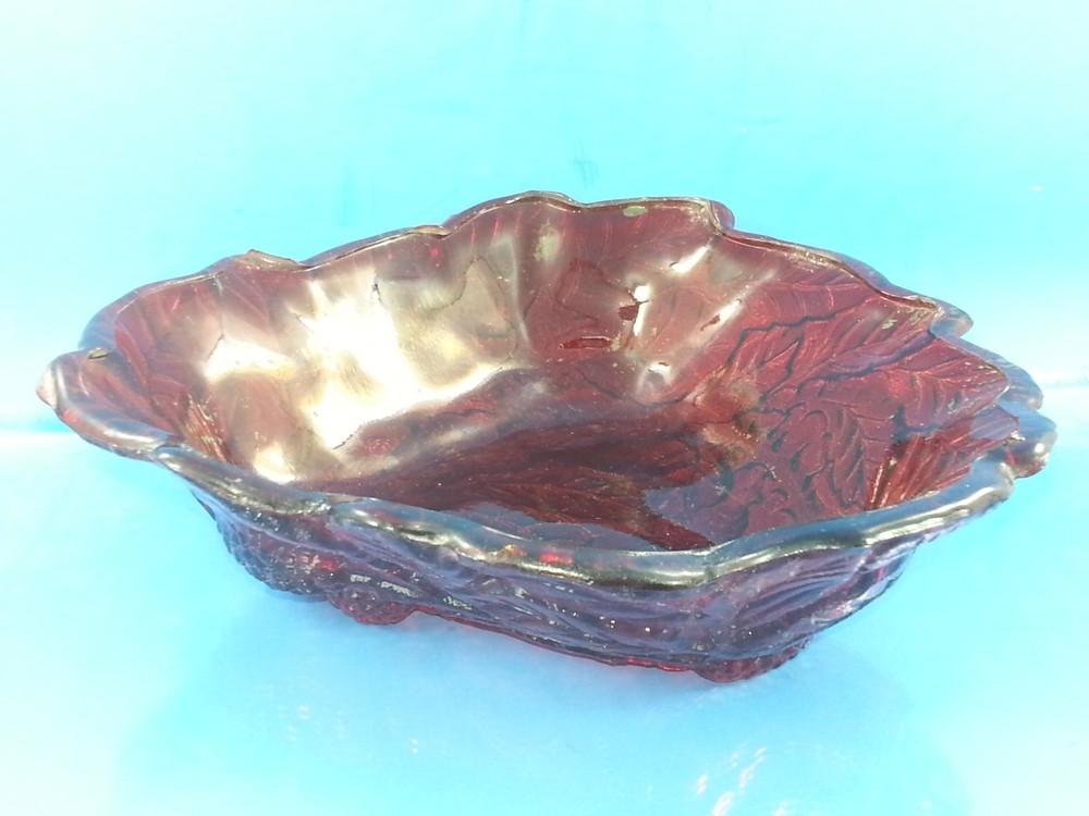 Vintage Ruby Red Carnival Glass Bowl Grape & Leaf Pattern Iridescent Scallop 7"