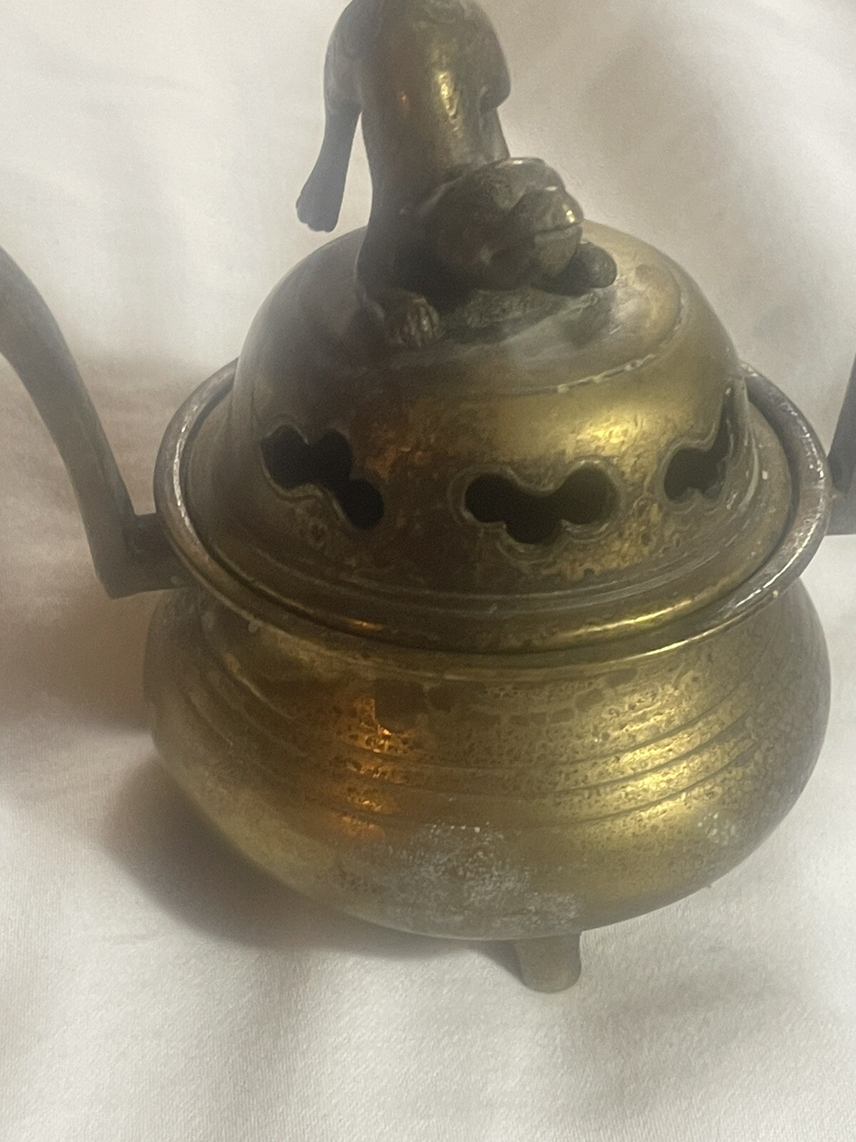 Antique Solid Brass Chinese Foo Dog Sensor Incense Burner Guardian Lion