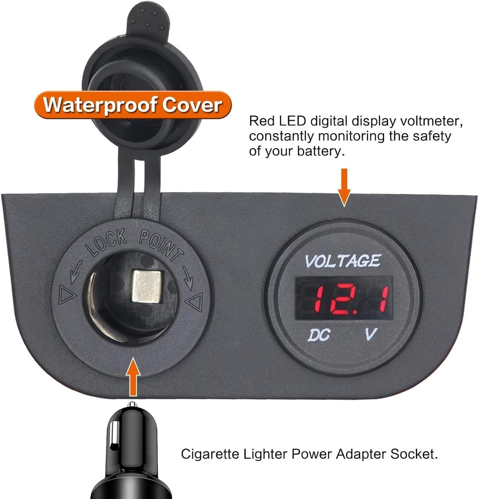 12-24 V Multi 2 Hole Tent Panel Cigarette Lighter Socket Dual Digital Voltmeter