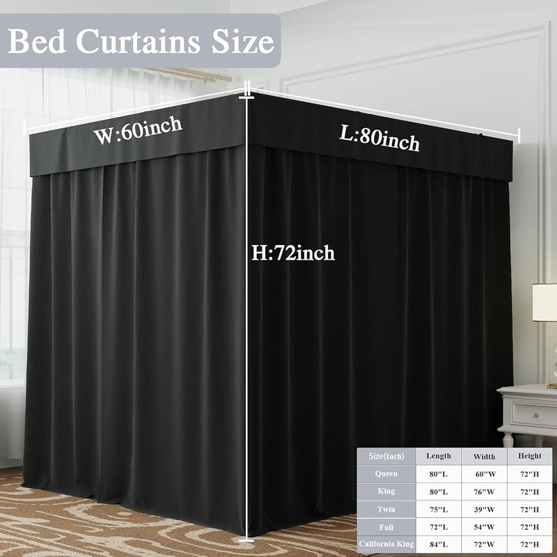 Lightproof Bed Curtains Soft Microfiber Easy Install Cozy Bedroom Decor Black