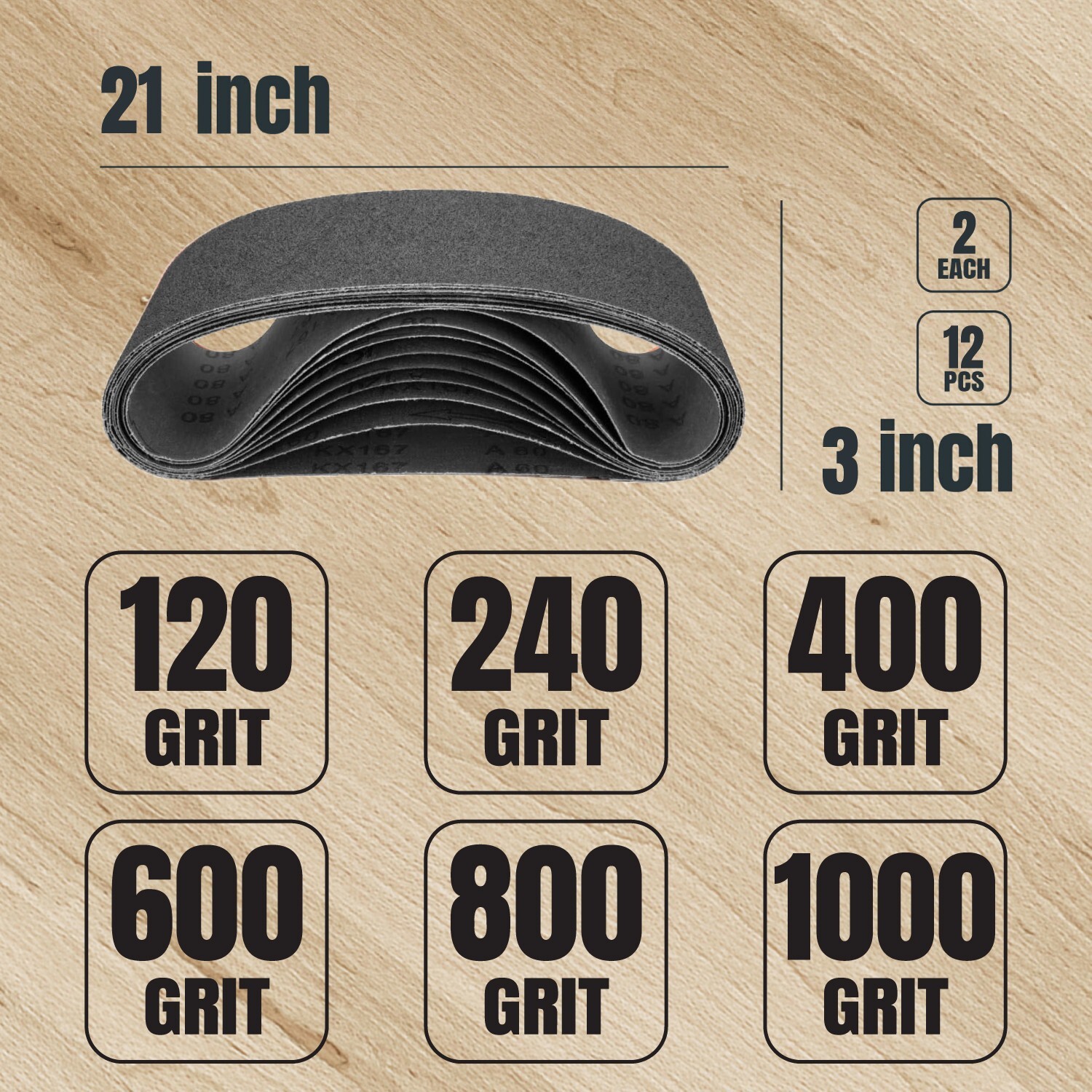 POWERTEC 46007 3" x 21" Silicon Carbide Sanding Belts, 12PK