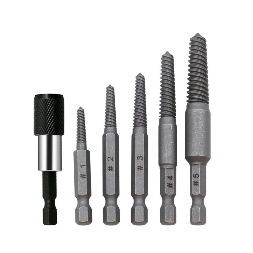 Woodworking hex shank headless screw extractor kit includes 5 different-size