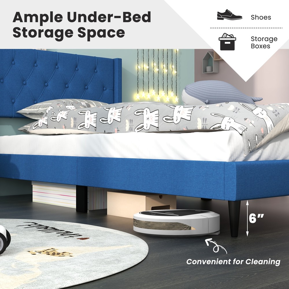 Twin Size Upholstered Platform Bed w/ Button Tufted Wingback Headboard Blue