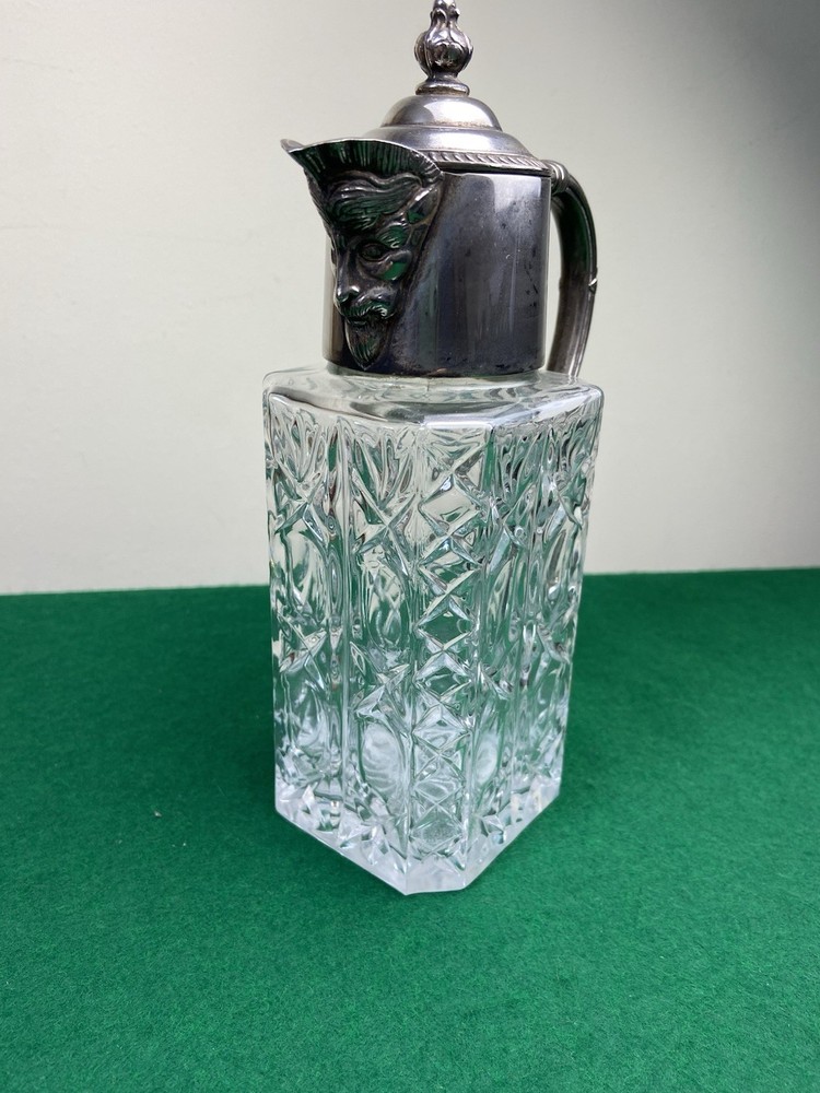 Silver Plated Small Rectangular Cut Glass Decanter Claret Jug Bacchus Face