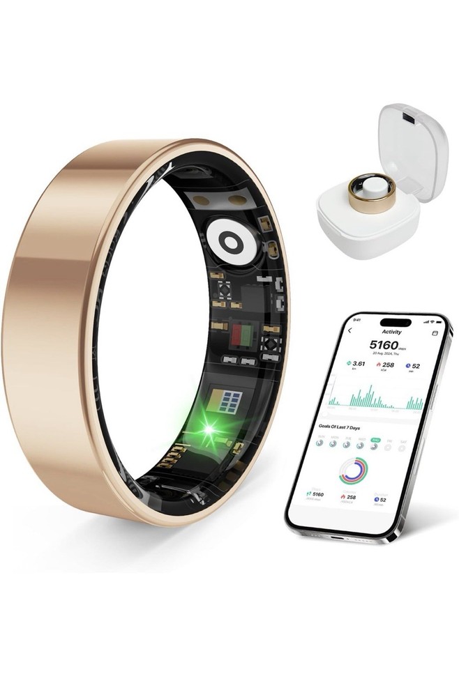 Gold Smart Ring Activity Tracker Bluetooth Wireless Pedometer with Charging Case