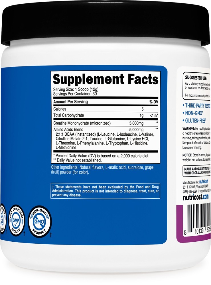 Nutricost Creatine + Aminos 30 Servings (Grape Flavored)