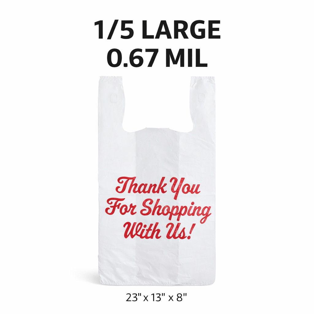 1/5 Large Thank You T-Shirt Plastic Bags 23x13x8 in 0.67 Mil Grocery Carryout