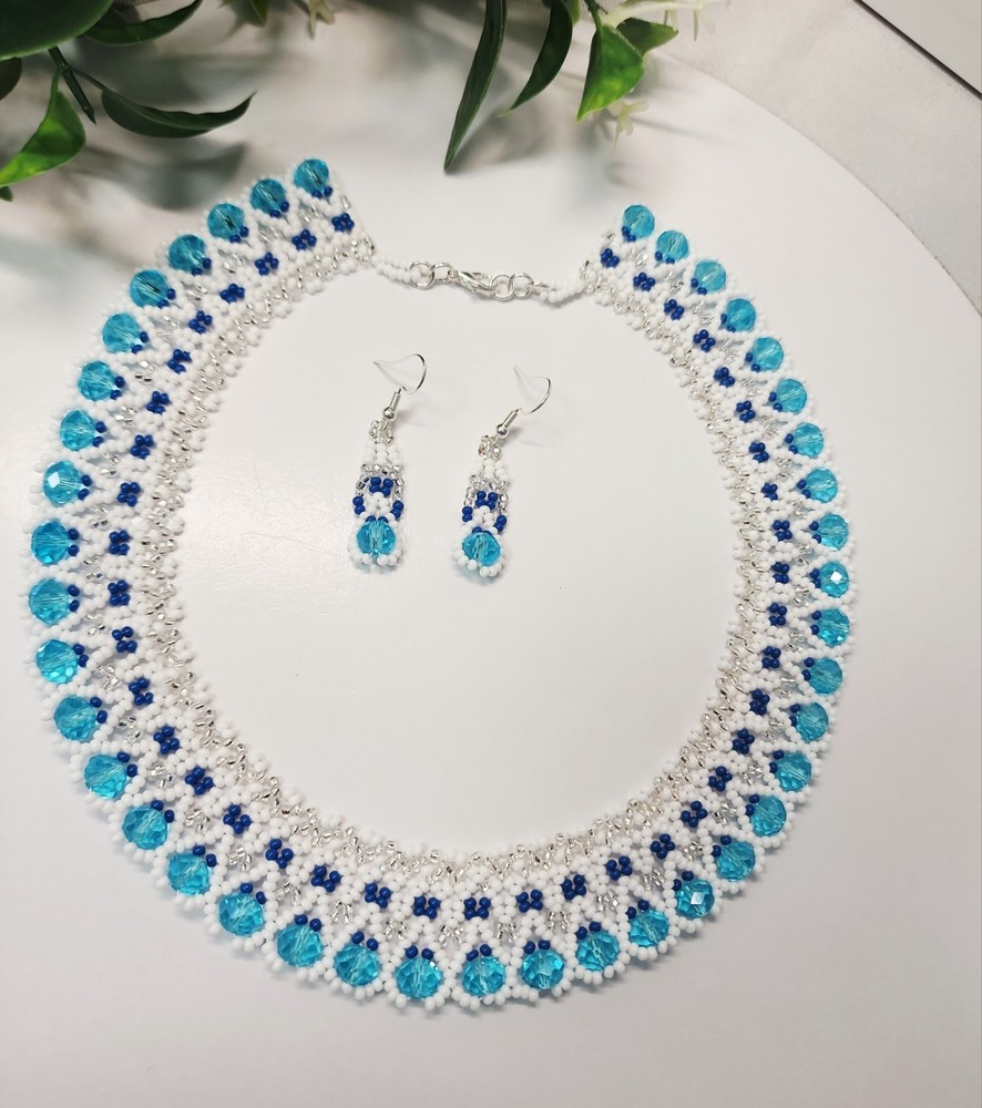 Blue Beaded Necklace With Earrings