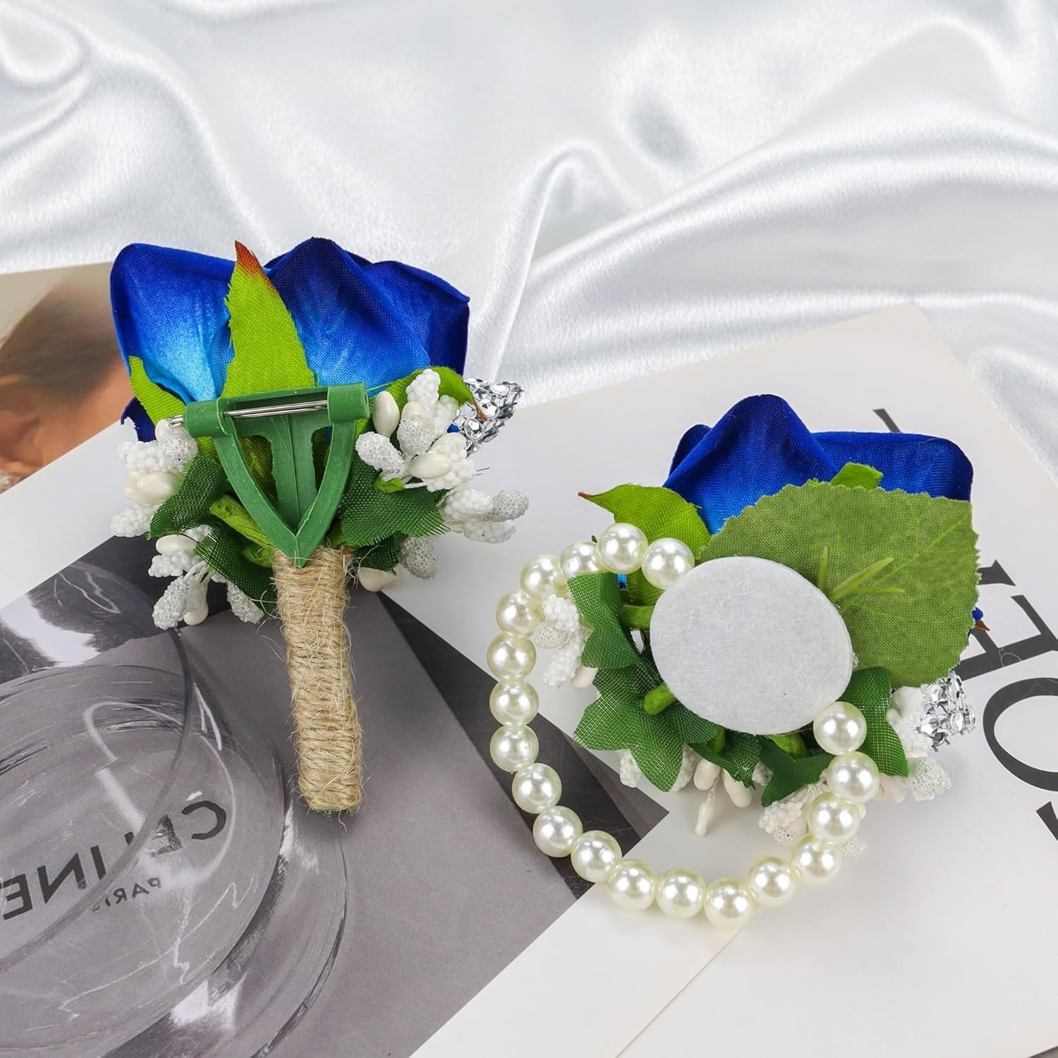 2Pcs Blue Corsage and Boutonniere Set,Corsage Wristlet for Prom Decor,
