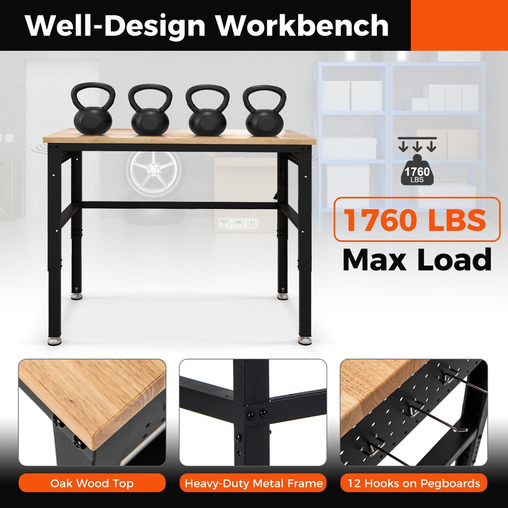 48" Adjustable Workbench Rolling Heavy-Duty Work Table w/ Power Outlet