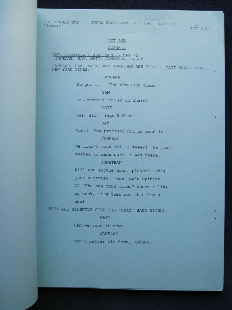 ORIGINAL SCRIPT for TVs THE SINGLE GUY - POETRY - Starring JONATHAN SILVERMAN
