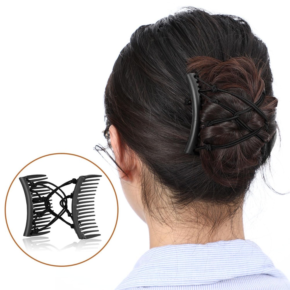4 Pieces Stretchy Double Comb Adjustable Elastic Hair Large, Solid Black