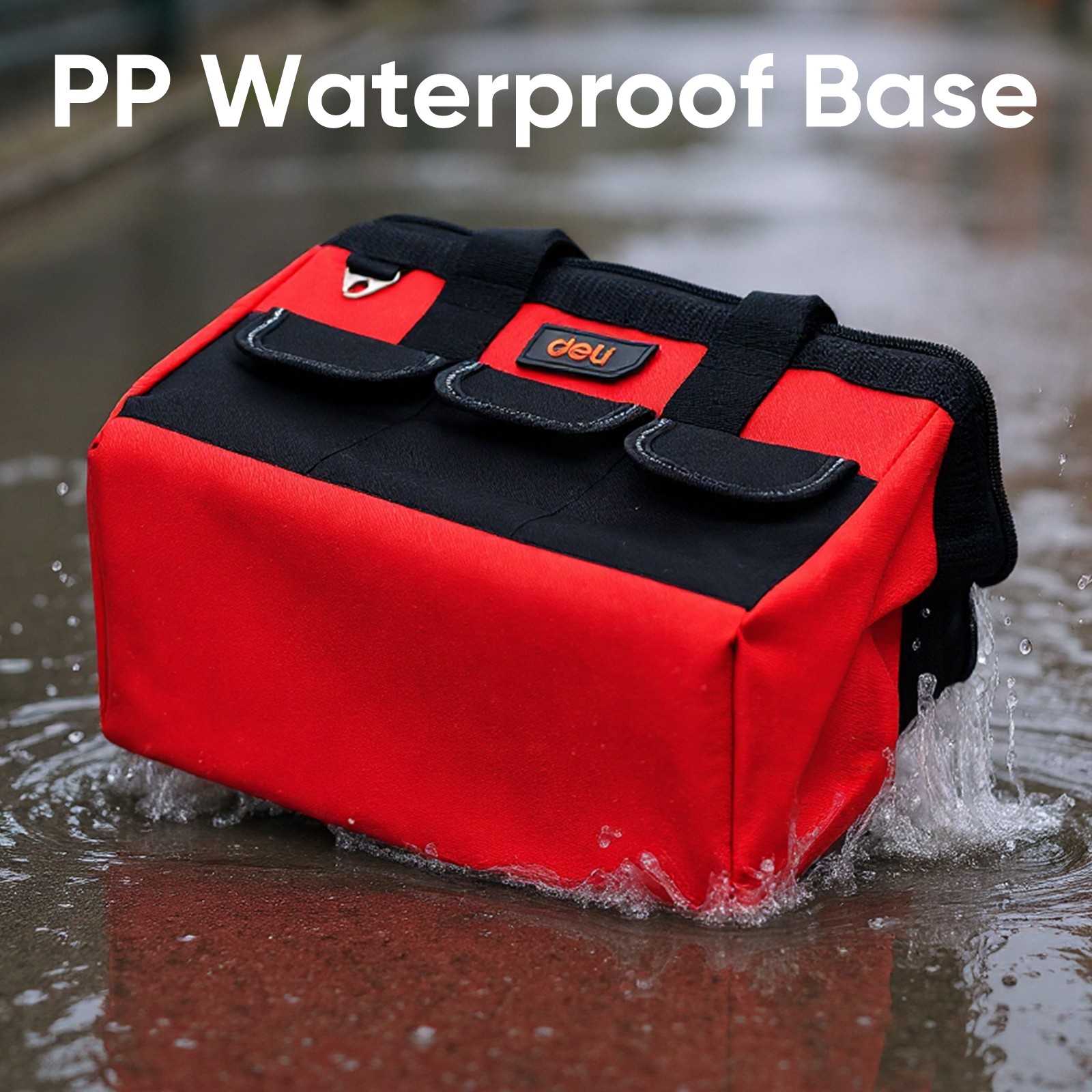 Deli 13 Inch Heavy Duty Contractor Tool Bag with Pockets Adjustable Strap, Red