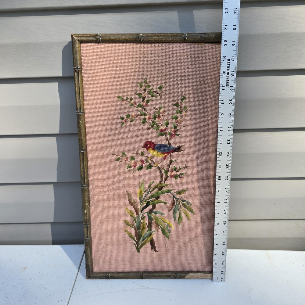 Handmade Needlepoint Bird on Spring Flower Branch Vintage