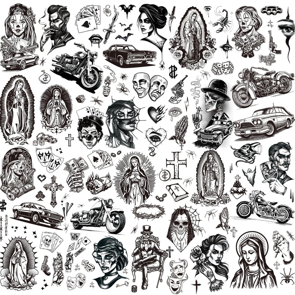 12 Sheets Large Chicano Temporary Tattoos, Cholo and Chola Multiple, Black