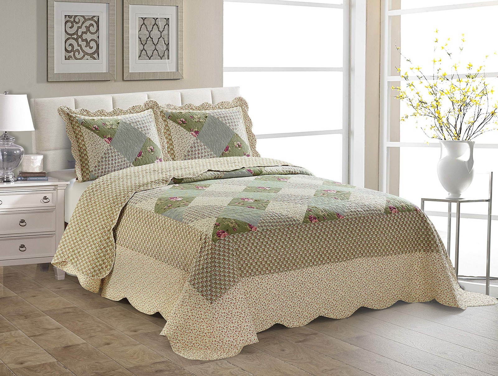 Fancy Linen Over Sized Quilted Coverlet Bedspread Set New full/queen Beige Gree
