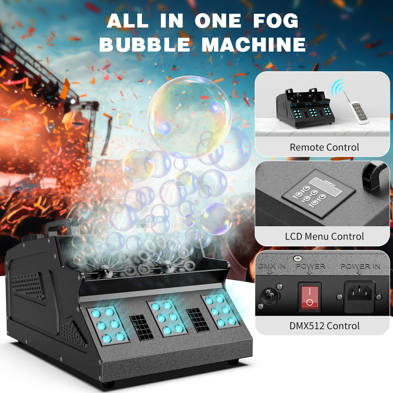 3000W Fog Machine DMX Smoke Fog Bubble Machine Strobe RGB LED Stage Par Lights
