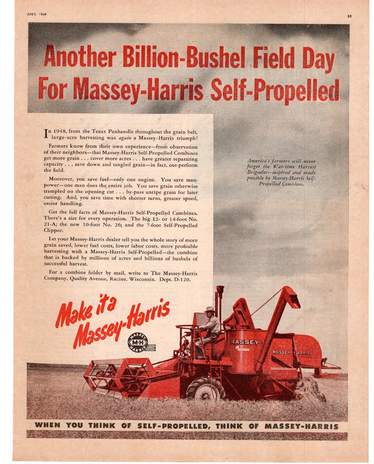 1949 Massey-Harris Self-Propelled Combine Billion Bushel Field Day Print Ad