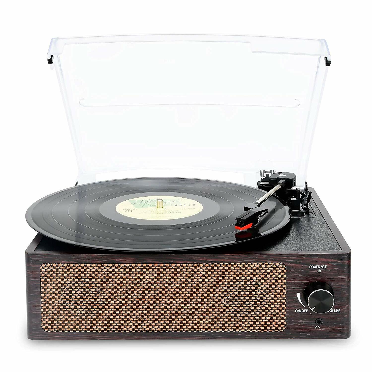 Bluetooth Vintage Vinyl Record Player Belt-Driven 3-Speed Turntable Aux Input