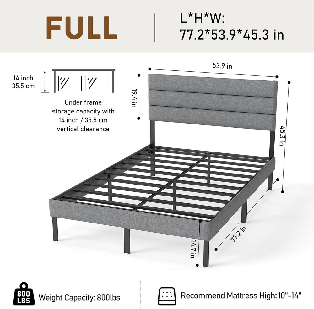 Full Queen Size Upholstered Bed Frame,Metal Platform Bed Frame with Headboard
