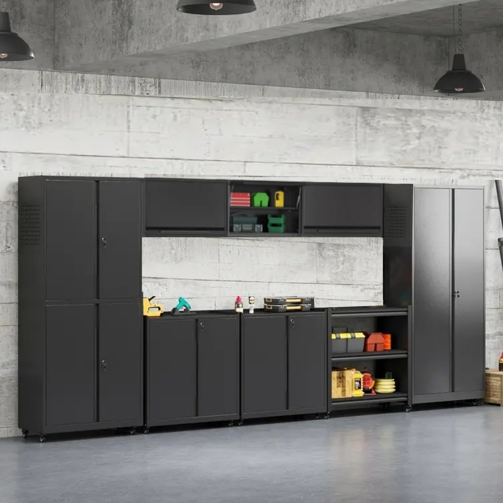 Garage Storage Cabinet System 8 Pcs Garage Workshop Set W/Steel Cabinet Shelves