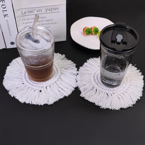 Handcrafted 2-Pack Boho Macrame Coasters, Super Absorbent Cotton Rope with