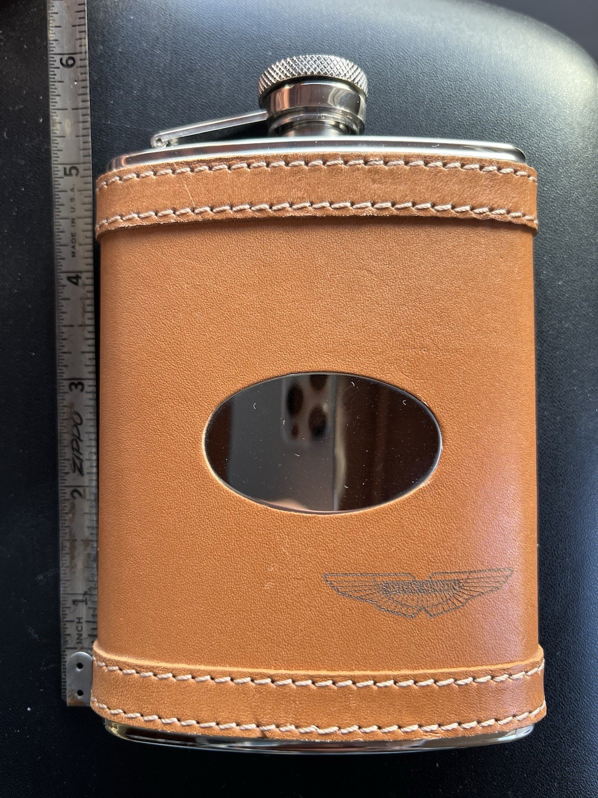 Aston Martin Leather And Stainless 7 oz Hip Flask. From LA Collection With Box.