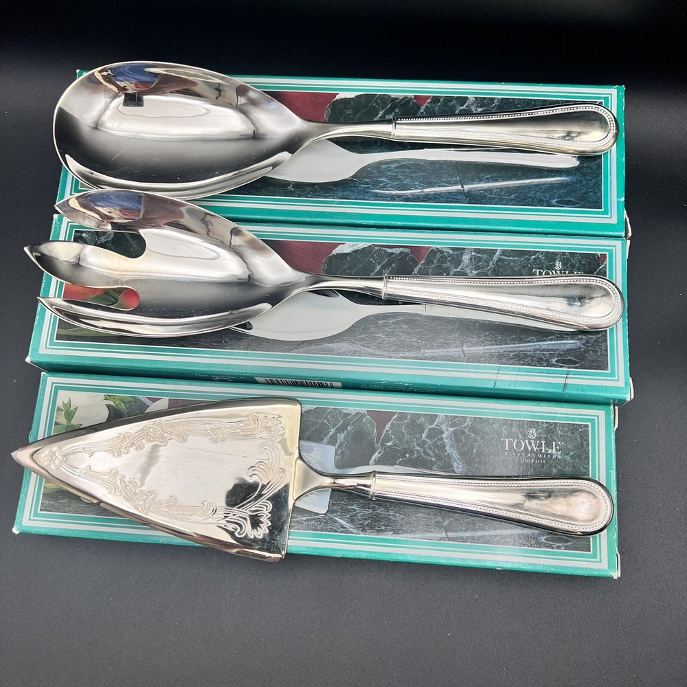 3 Towle Silversmiths Beaded Stainless Silver Serving Spoon Fork Pie Germany