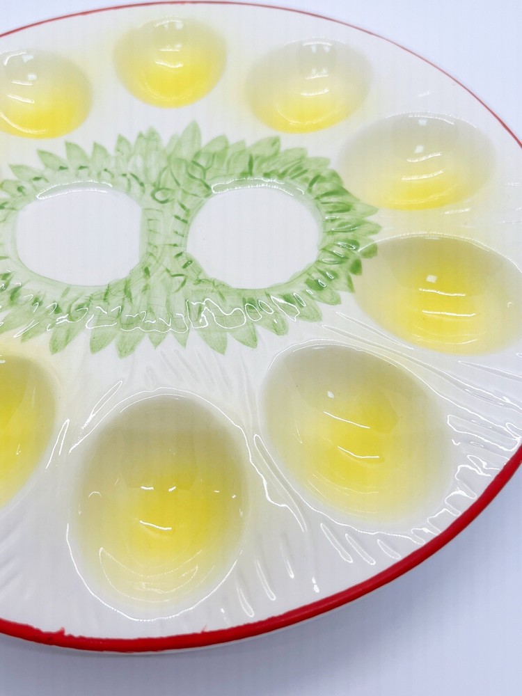 Vintage Ceramic ?Enesco Easter deviled eggs platter round, green/yellow/red 9”