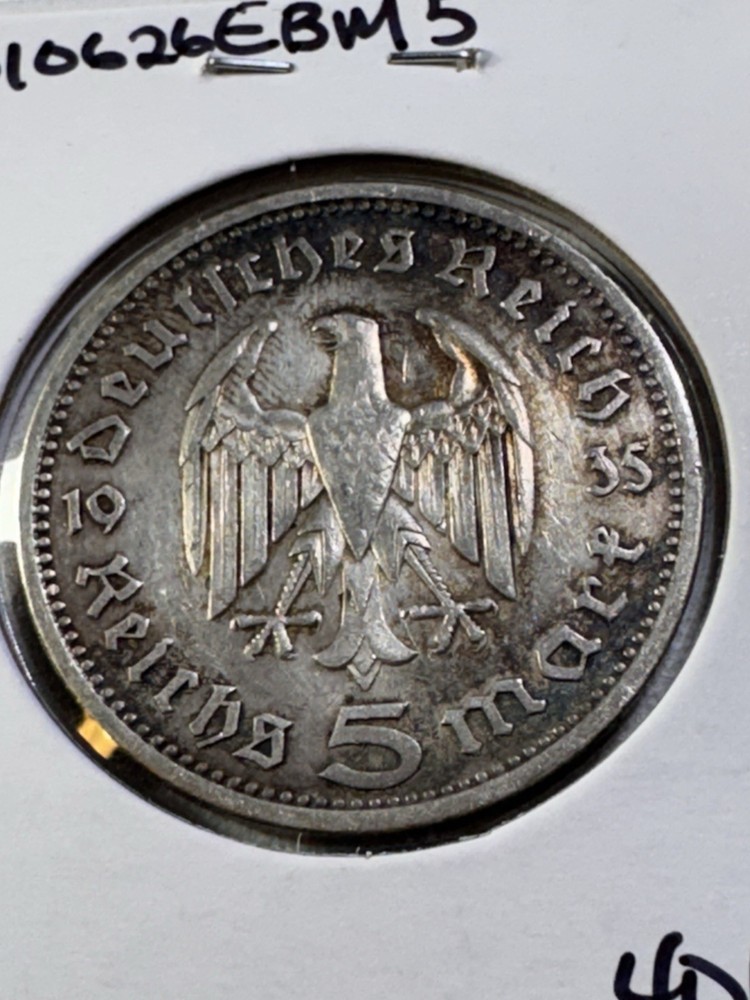 1935-A Germany 5 Marks Silver Coin Cleaned